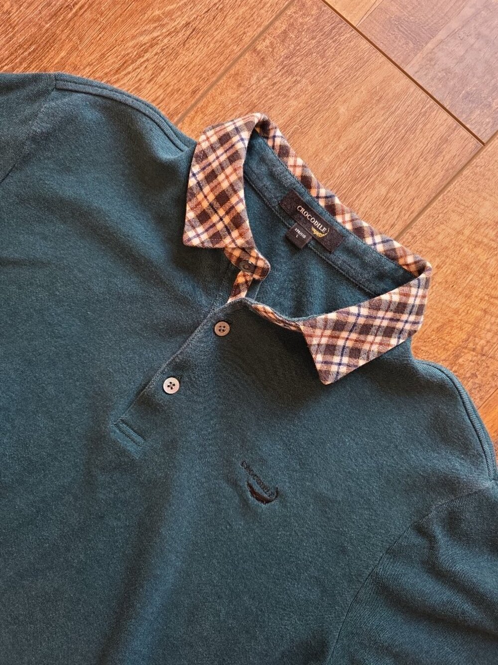 Crocodile - Plaid Collar Long Sleeve Polo Shirt - Large - Forest Green / Tan